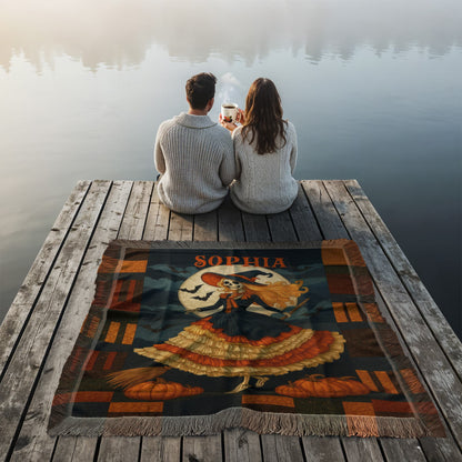 Custom Witch Silhouette Blanket – Personalized Halloween Throw with Name & Moon !
