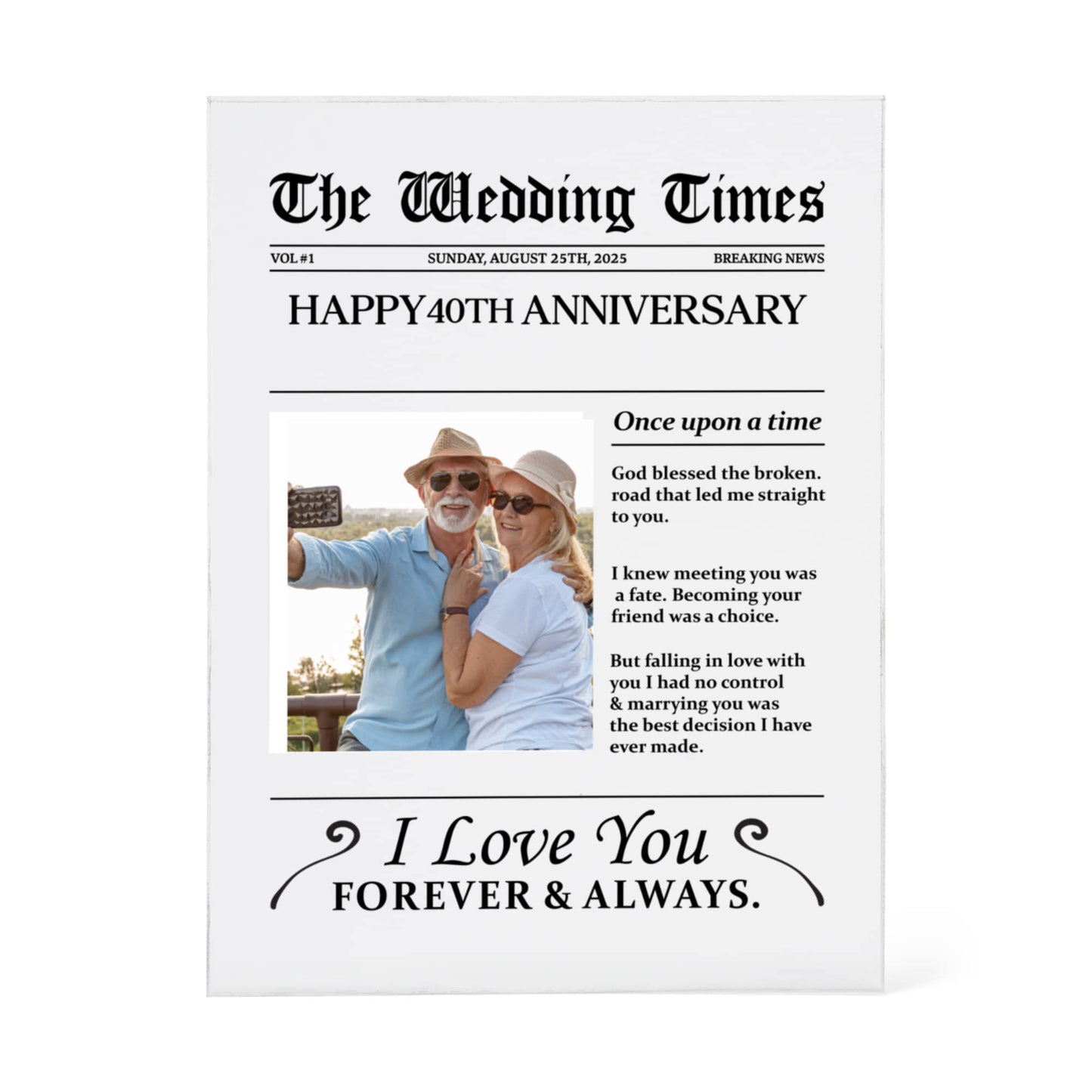Personalized "The Wedding Times" Acrylic Block – Custom 40th Anniversary Gift, Romantic Keepsake for Couples with Custom Photo