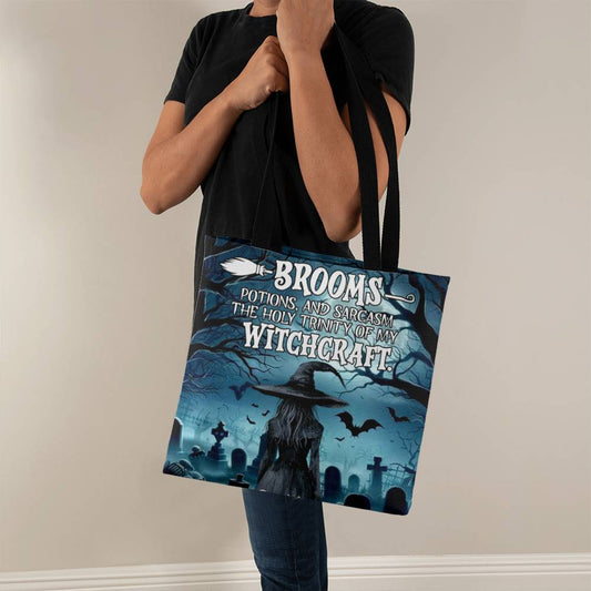 Brooms, Potions & Sarcasm: The Holy Trinity of My Witchcraft” Gothic Halloween Tote Bag !