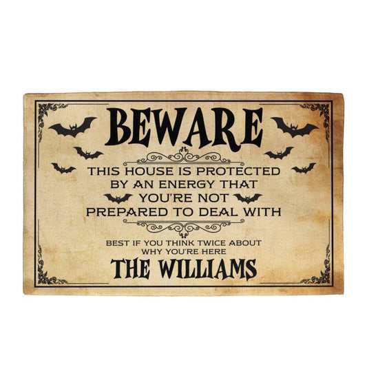 Personalized Halloween Doormat, Custom Beware Welcome Mat with Family Name, Spooky Front Porch Decor, Haunted House Entryway Mat