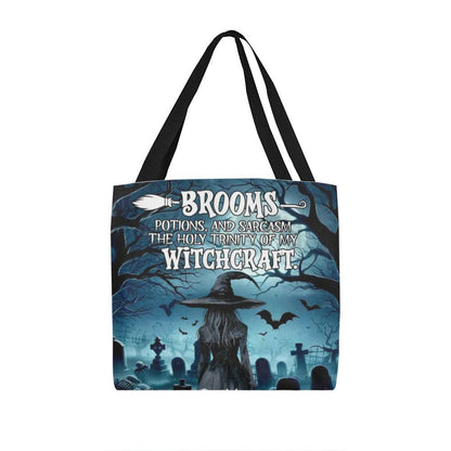 Brooms, Potions & Sarcasm: The Holy Trinity of My Witchcraft” Gothic Halloween Tote Bag !
