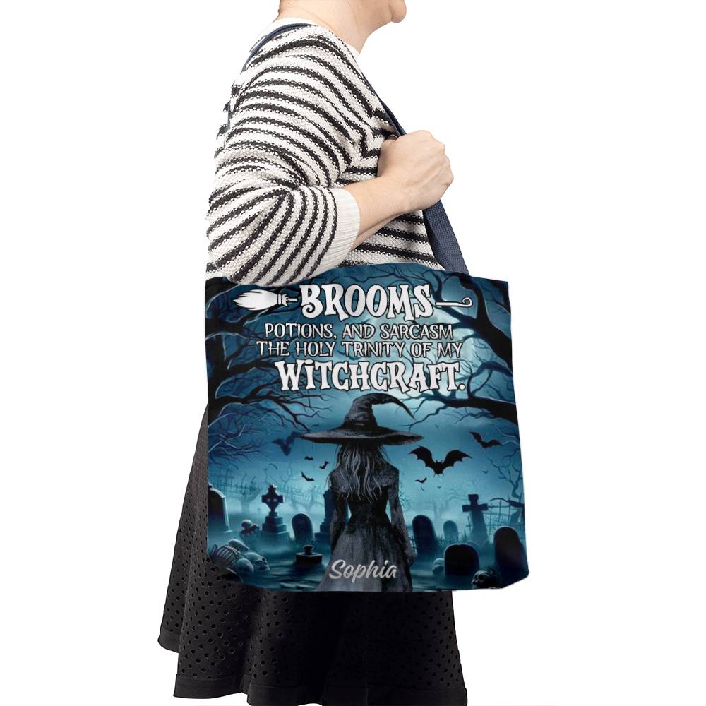 Brooms, Potions & Sarcasm: The Holy Trinity of My Witchcraft” Gothic Halloween Tote Bag !