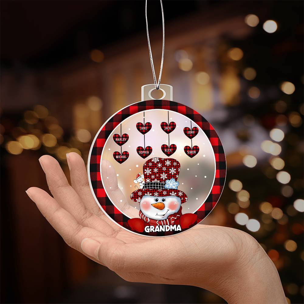 Personalized Grandma Ornament with 8 Names – Custom Family Christmas Ornament | Snowman Plaid Holiday Decoration 2025