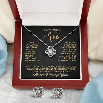 To My Beautiful Wife – Love Knot Necklace & Earring Set with Luxury Box & LED, Romantic Gift for Wife, Anniversary or Valentine’s Day Jewelry Set, Forever Jewelry