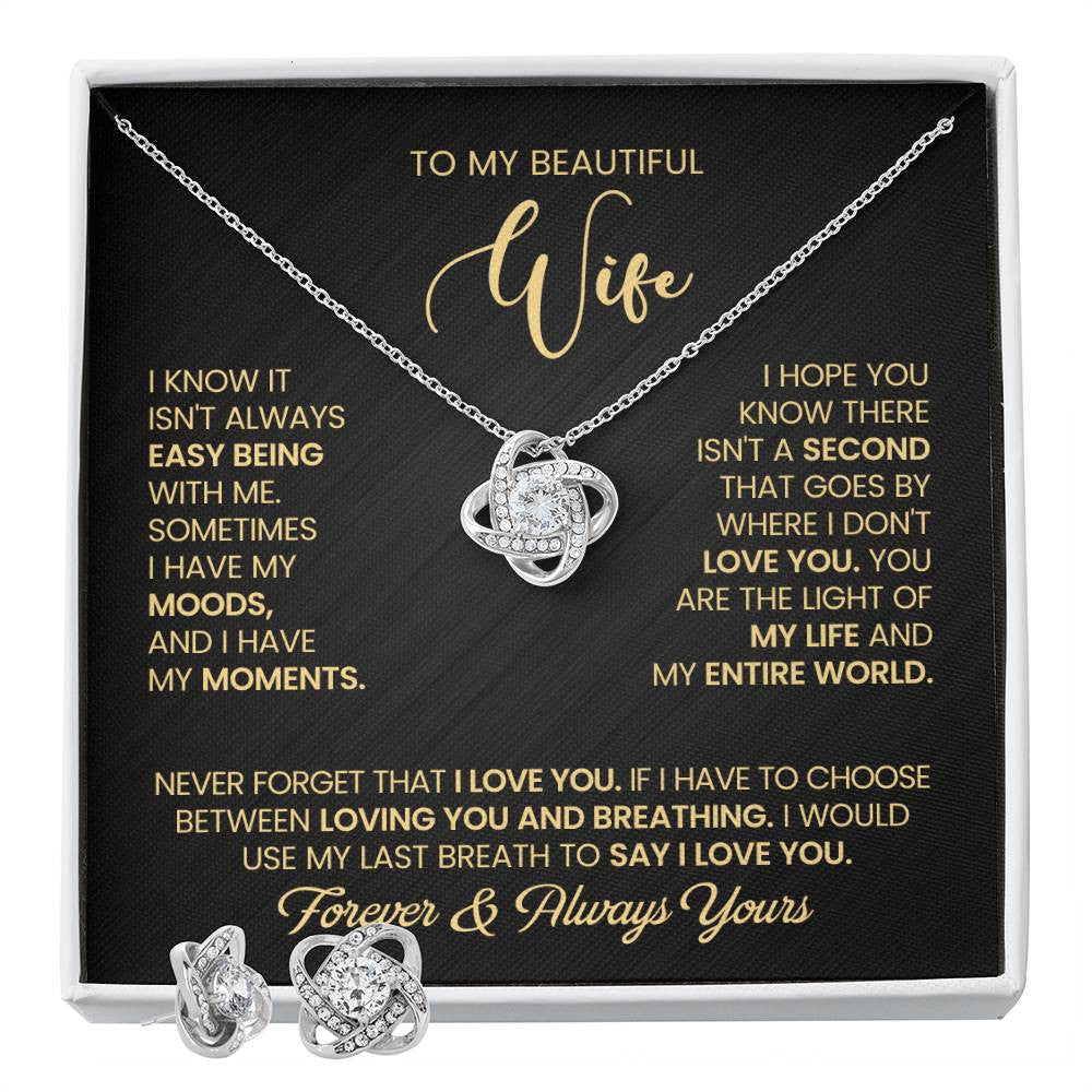 To My Beautiful Wife – Love Knot Necklace & Earring Set with Luxury Box & LED, Romantic Gift for Wife, Anniversary or Valentine’s Day Jewelry Set, I Love You Forever Jewelry