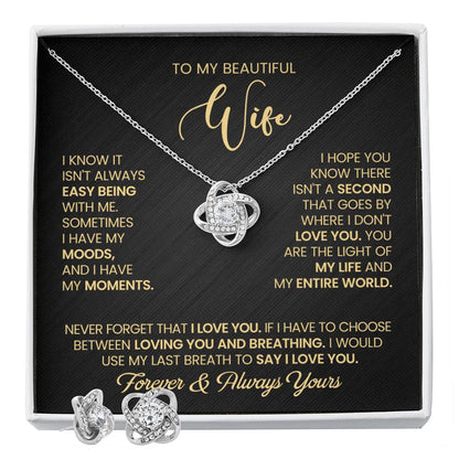 To My Beautiful Wife – Love Knot Necklace & Earring Set with Luxury Box & LED, Romantic Gift for Wife, Anniversary or Valentine’s Day Jewelry Set, I Love You Forever Jewelry