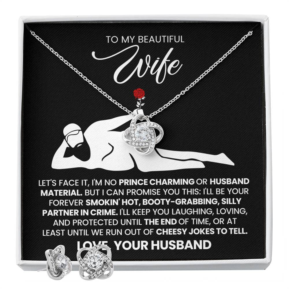 To My Beautiful Wife – Love Knot Necklace & Earring Set with Luxury Box & LED, Romantic Gift for Wife, Anniversary or Valentine’s Day Jewelry Set, I Love You Forever Jewelry