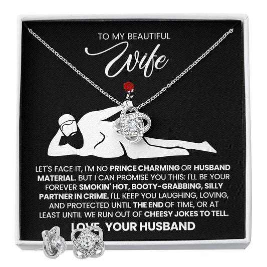 To My Beautiful Wife – Love Knot Necklace & Earring Set with Luxury Box & LED, Romantic Gift for Wife, Anniversary or Valentine’s Day Jewelry Set, I Love You Forever Jewelry