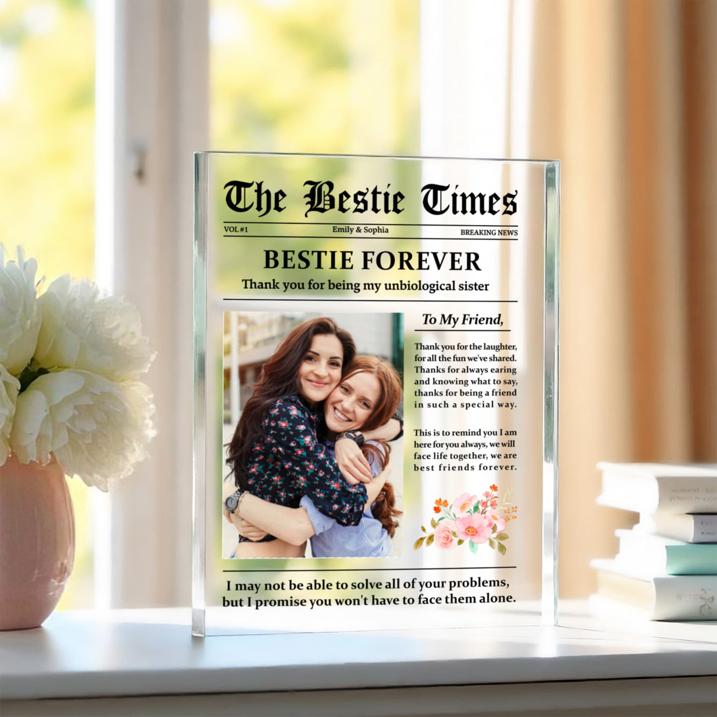 Personalized "Bestie Forever" Acrylic Block – Custom Best Friend Gift with Floral Design, Unbiological Sister Keepsake