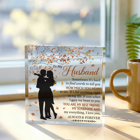 Personalized "To My Husband" Acrylic Block – Custom Romantic Gift with Autumn Leaves, Best Friend & Soulmate Message