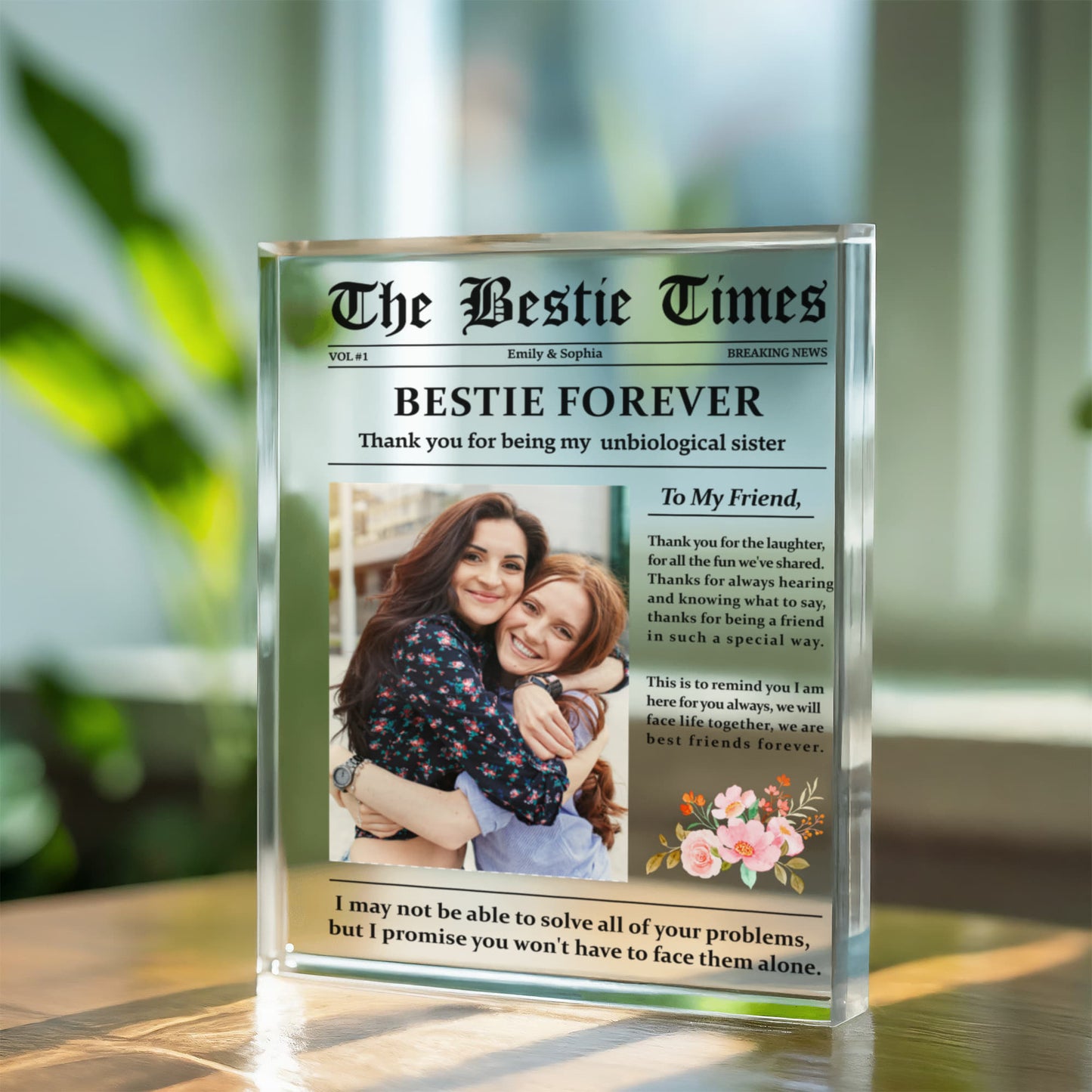 Personalized "Bestie Forever" Acrylic Block – Custom Best Friend Gift with Floral Design, Unbiological Sister Keepsake
