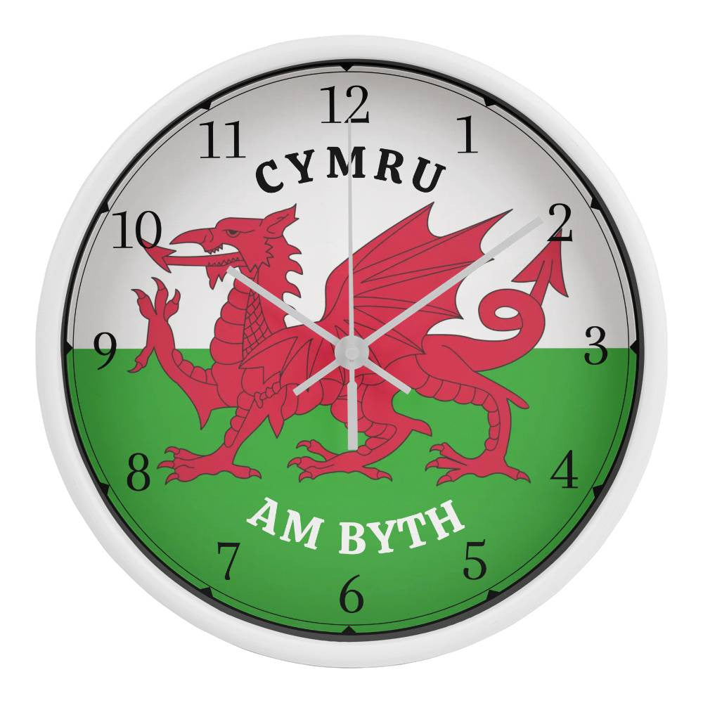 PPP3Wooden Frame 10in Clock, CYMRU AM BYTH, Welsh Dragon