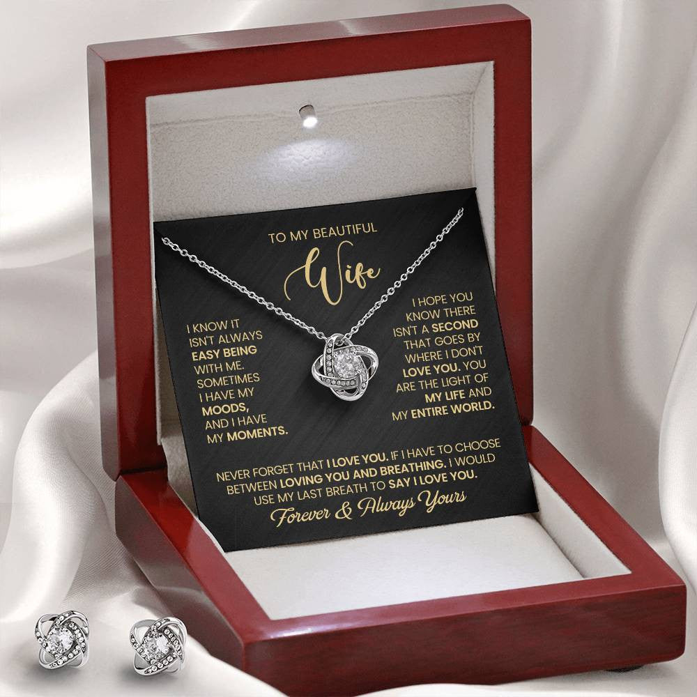 To My Beautiful Wife – Love Knot Necklace & Earring Set with Luxury Box & LED, Romantic Gift for Wife, Anniversary or Valentine’s Day Jewelry Set, I Love You Forever Jewelry