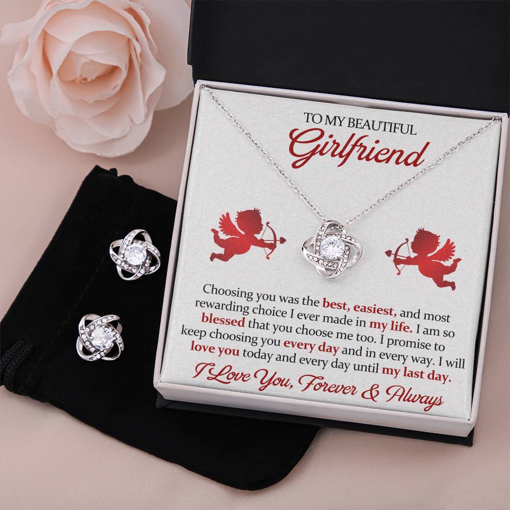 Love Knot Necklace Earring Set, To My Beautiful Girlfriend, I Love You, Valentine's Day - YERTIZZ.COM