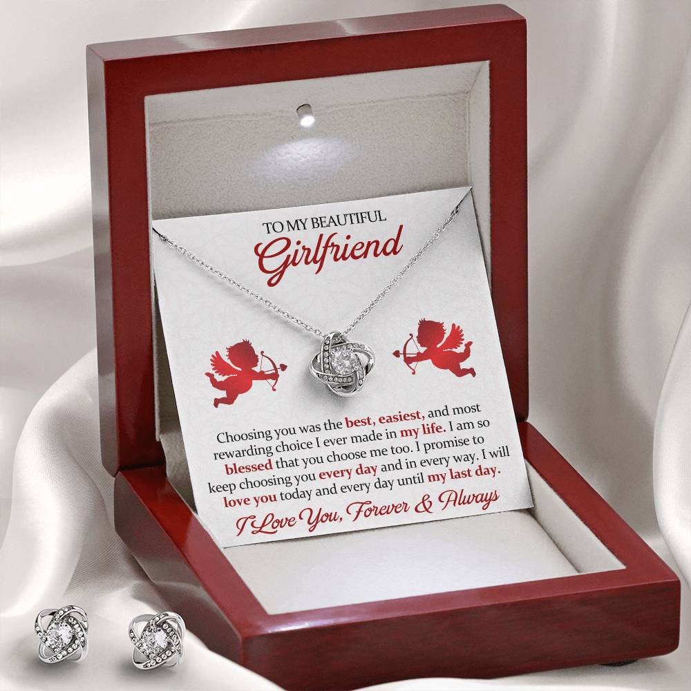 Love Knot Necklace Earring Set, To My Beautiful Girlfriend, I Love You, Valentine's Day - YERTIZZ.COM