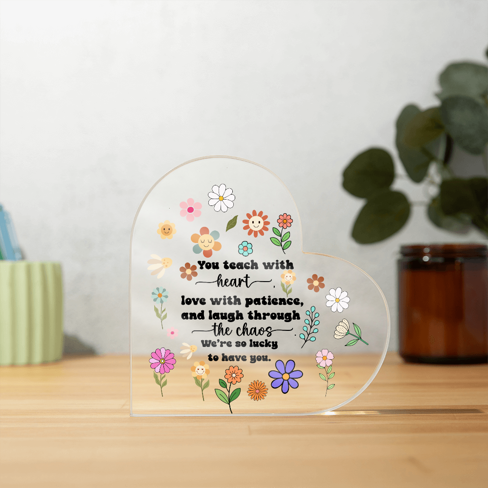 Back to School Teacher Heart Acrylic Sign – Rainbow Pencil Floral Gift