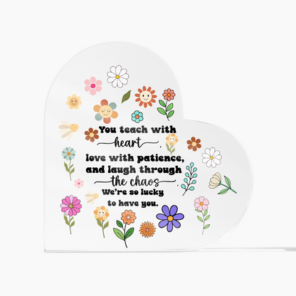 Back to School Teacher Heart Acrylic Sign – Rainbow Pencil Floral Gift