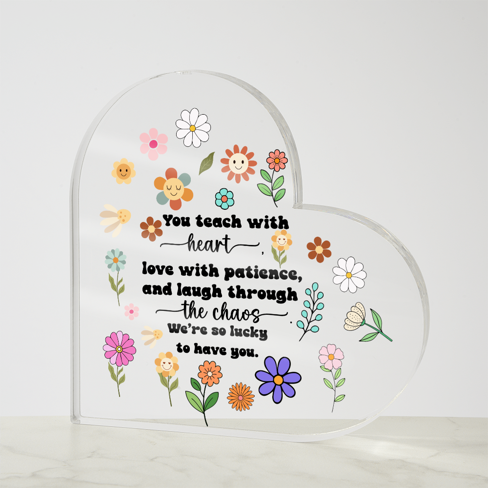 Back to School Teacher Heart Acrylic Sign – Rainbow Pencil Floral Gift