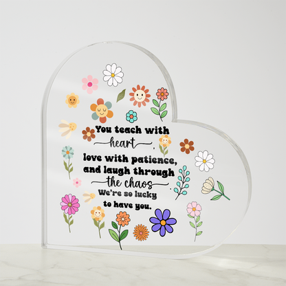 Back to School Teacher Heart Acrylic Sign – Rainbow Pencil Floral Gift