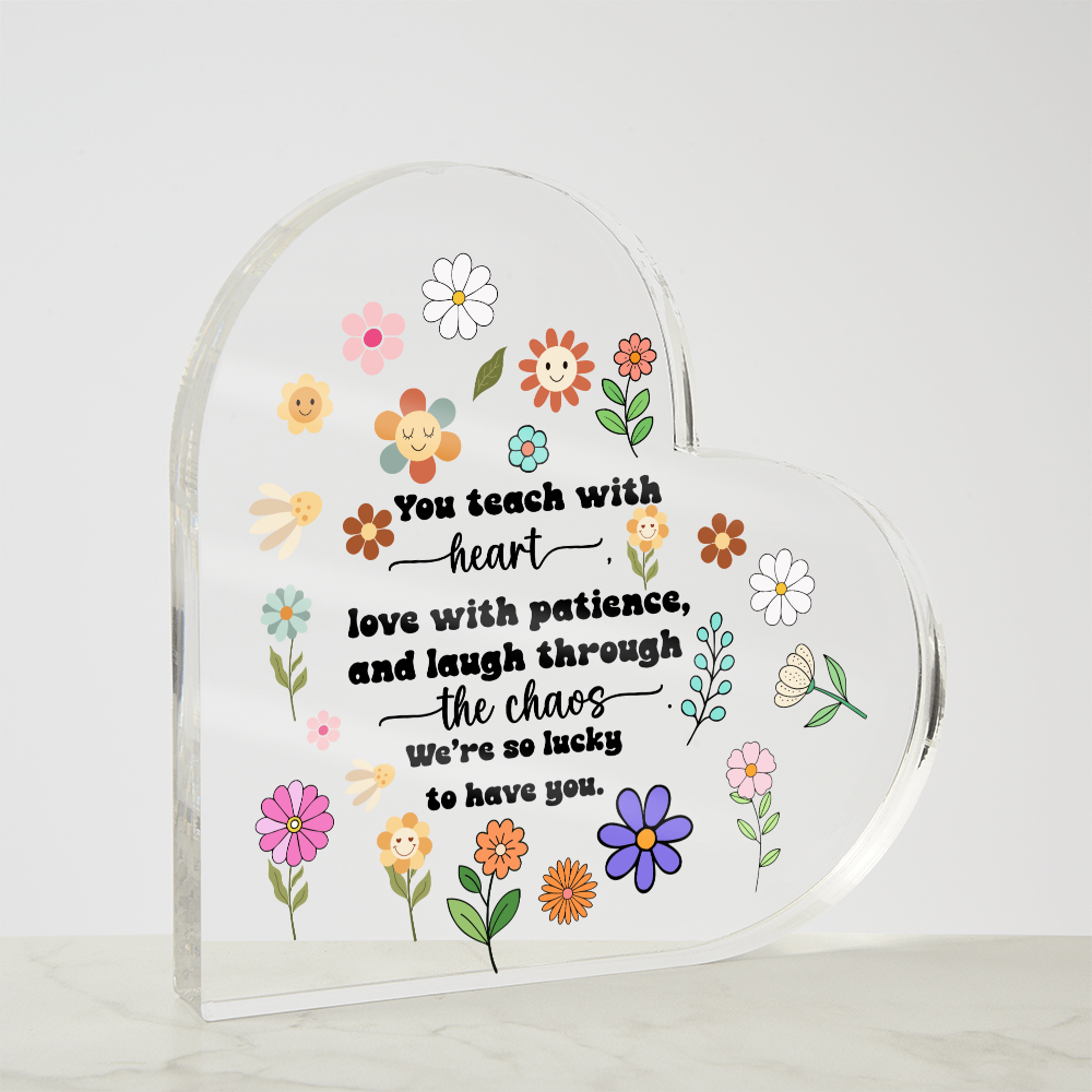 Back to School Teacher Heart Acrylic Sign – Rainbow Pencil Floral Gift