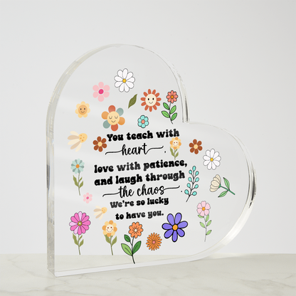 Back to School Teacher Heart Acrylic Sign – Rainbow Pencil Floral Gift