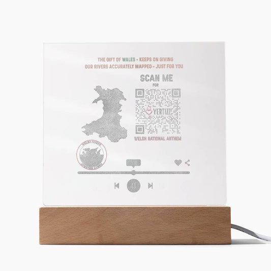Engraved Acrylic LED Plaque, Welsh River Map, QR, Welsh National Anthem