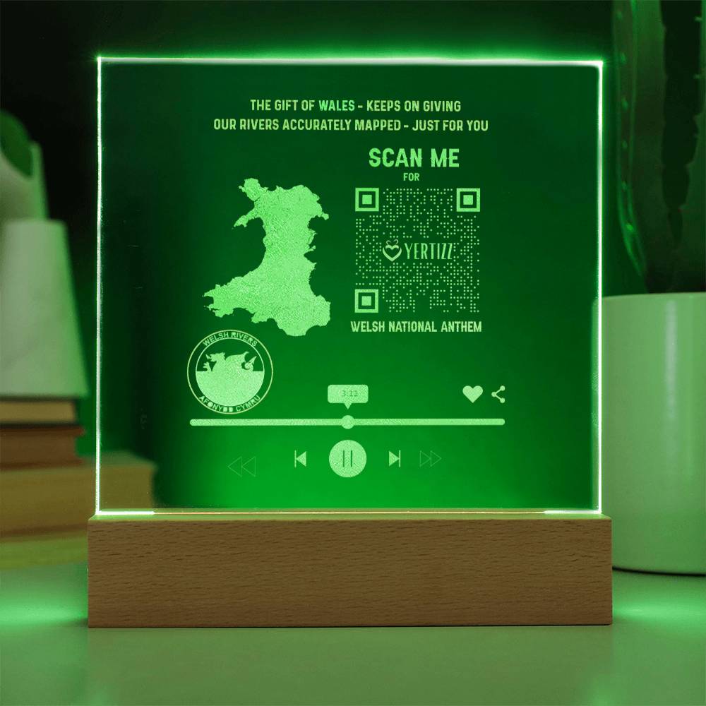 Engraved Acrylic LED Plaque, Welsh River Map, QR, Welsh National Anthem - YERTIZZ.COM