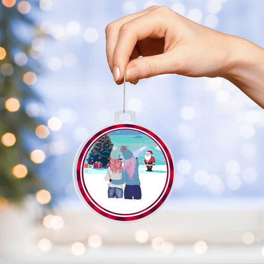 Acrylic Christmas Ornament, Kids In Snow With Santa