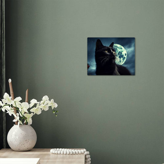 High Gloss Metal Art Print, Black Cat, Moon, Landscape