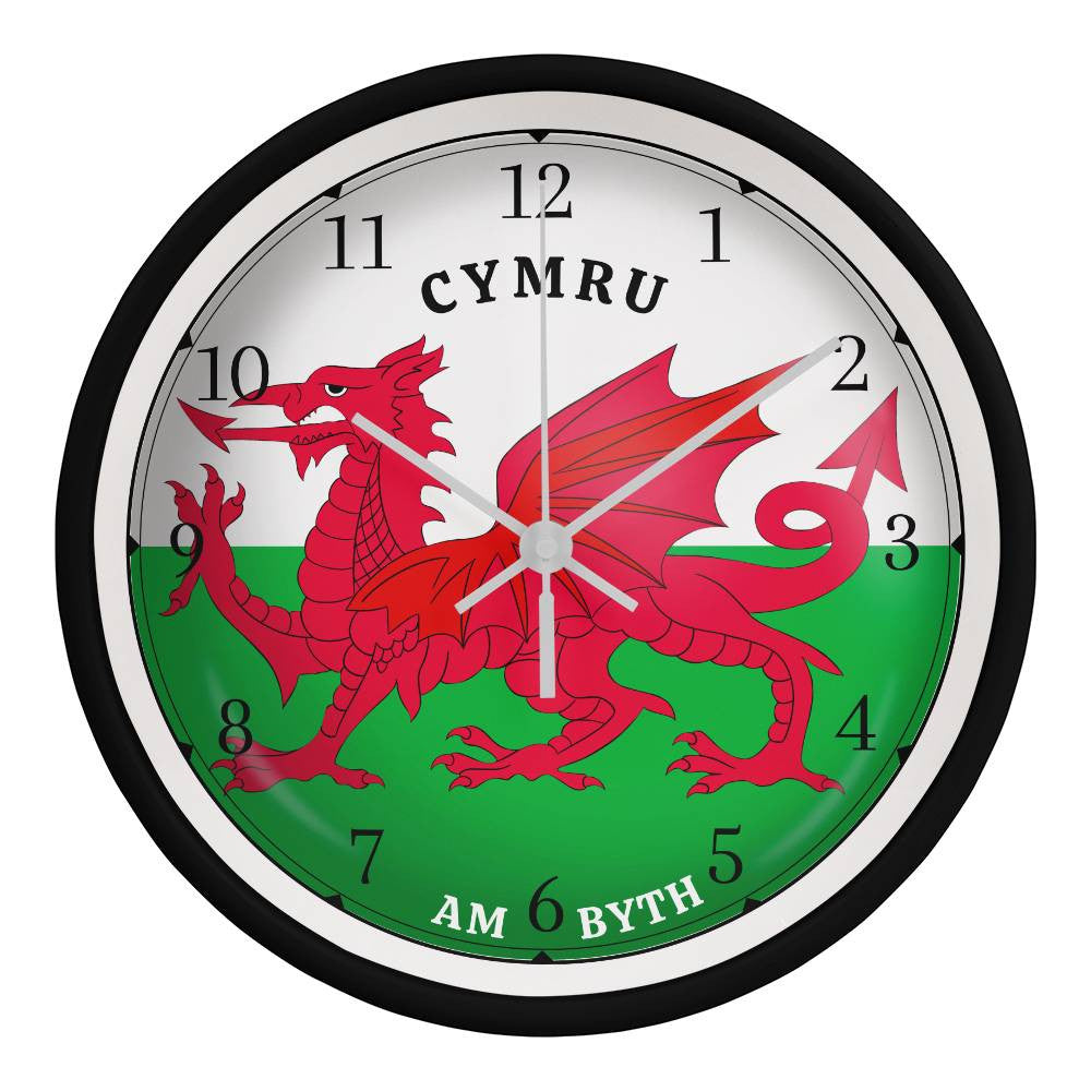 Wooden Frame 10in Clock, CYMRU AM BYTH, Welsh Dragon