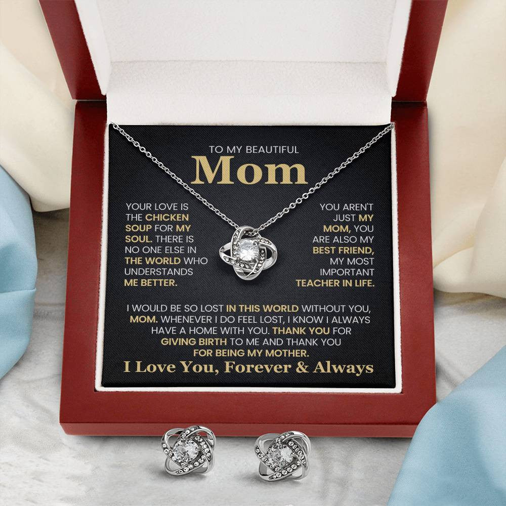 Love Knot Earrings & Necklace Set To My Beautiful Mom