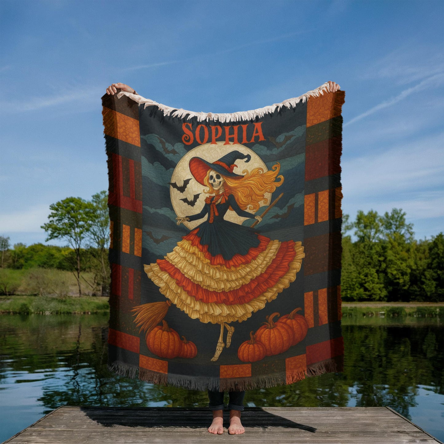 Custom Witch Silhouette Blanket – Personalized Halloween Throw with Name & Moon !