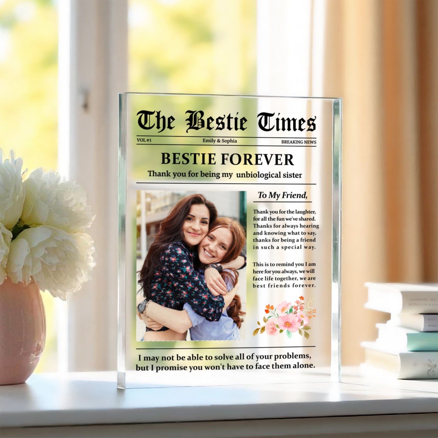 Personalized "Bestie Forever" Acrylic Block – Custom Best Friend Gift with Floral Design, Unbiological Sister Keepsake