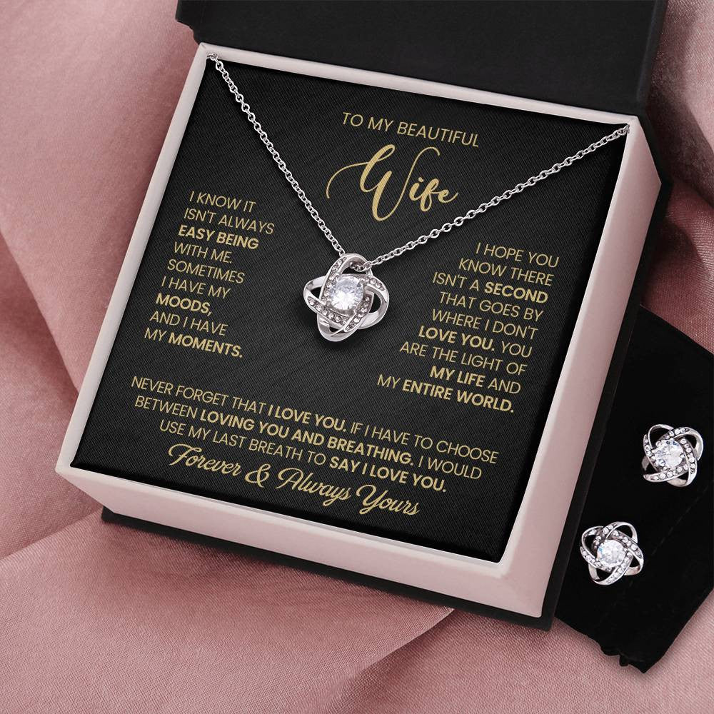 To My Beautiful Wife – Love Knot Necklace & Earring Set with Luxury Box & LED, Romantic Gift for Wife, Anniversary or Valentine’s Day Jewelry Set, I Love You Forever Jewelry