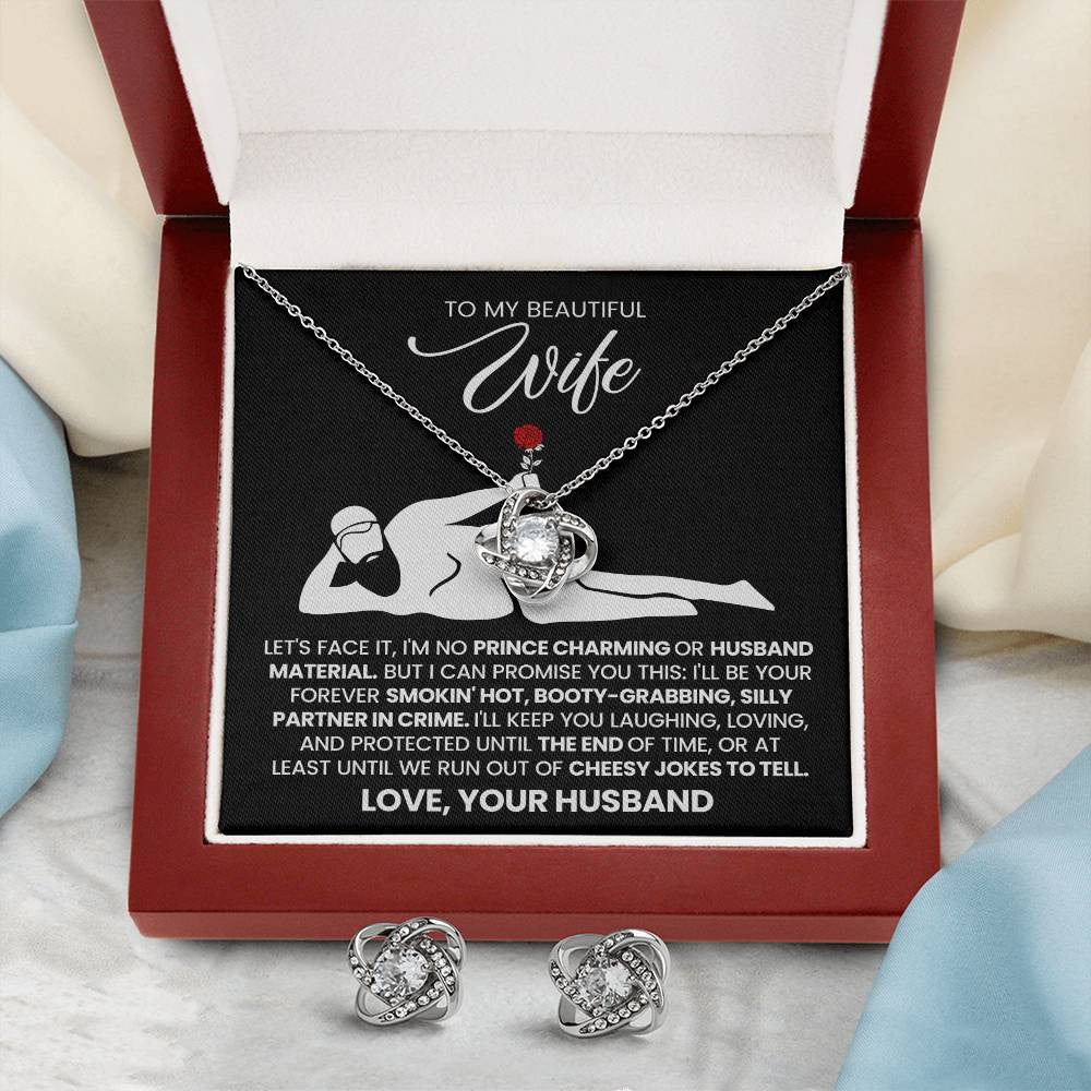 To My Beautiful Wife – Love Knot Necklace & Earring Set with Luxury Box & LED, Romantic Gift for Wife, Anniversary or Valentine’s Day Jewelry Set, I Love You Forever Jewelry