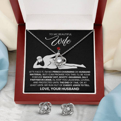 To My Beautiful Wife – Love Knot Necklace & Earring Set with Luxury Box & LED, Romantic Gift for Wife, Anniversary or Valentine’s Day Jewelry Set, I Love You Forever Jewelry