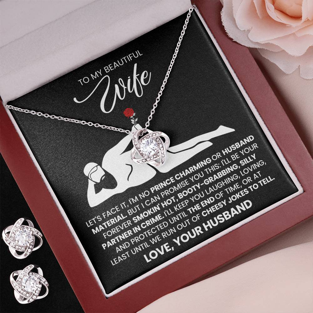To My Beautiful Wife – Love Knot Necklace & Earring Set with Luxury Box & LED, Romantic Gift for Wife, Anniversary or Valentine’s Day Jewelry Set, I Love You Forever Jewelry