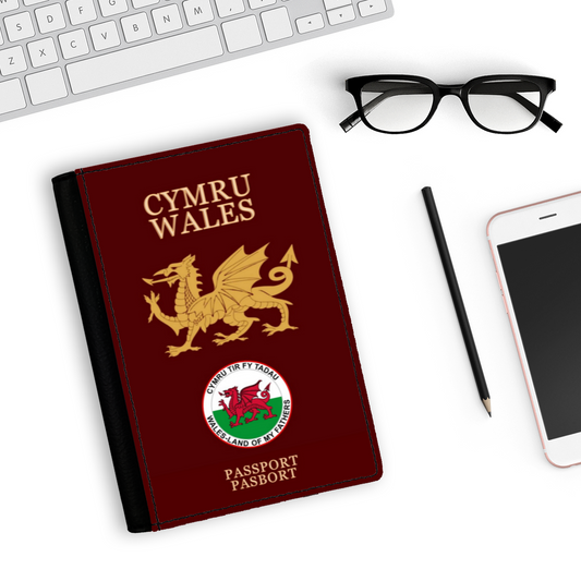 Burgundy Faux Leather Passport Holder-WALES LAND OF MY FATHERS