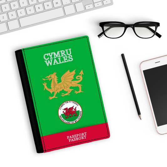 Green Faux Leather Passport Holder-WALES LAND OF MY FATHERS