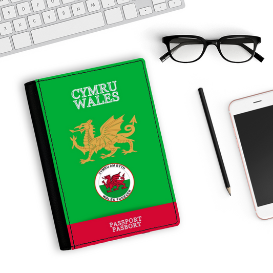 Green Faux Leather Passport Holder-WALES FOREVER