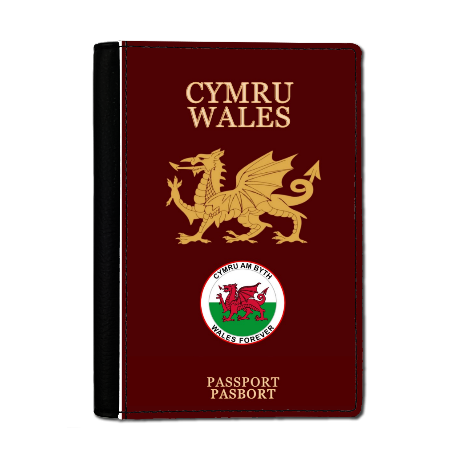 Burgundy Faux Leather Passport Holder-WALES FOREVER