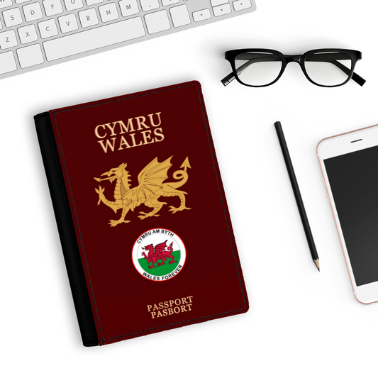 Burgundy Faux Leather Passport Holder-WALES FOREVER