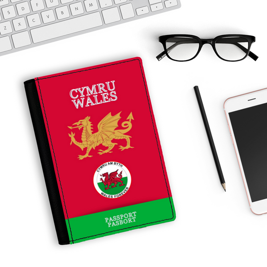 Red Faux Leather Passport Holder-WALES FOREVER