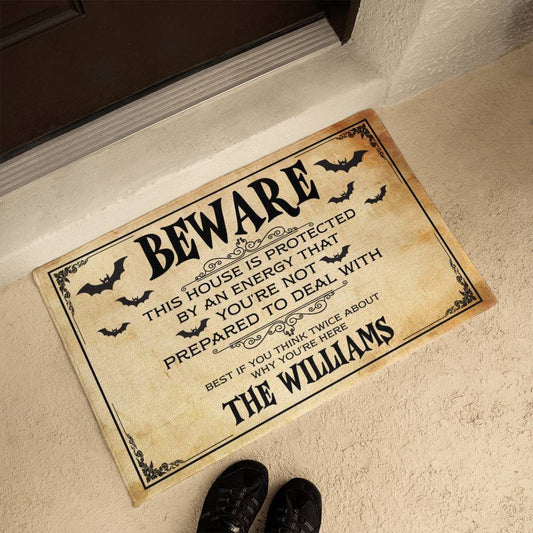 personalized halloween doormat beware haunted house design
