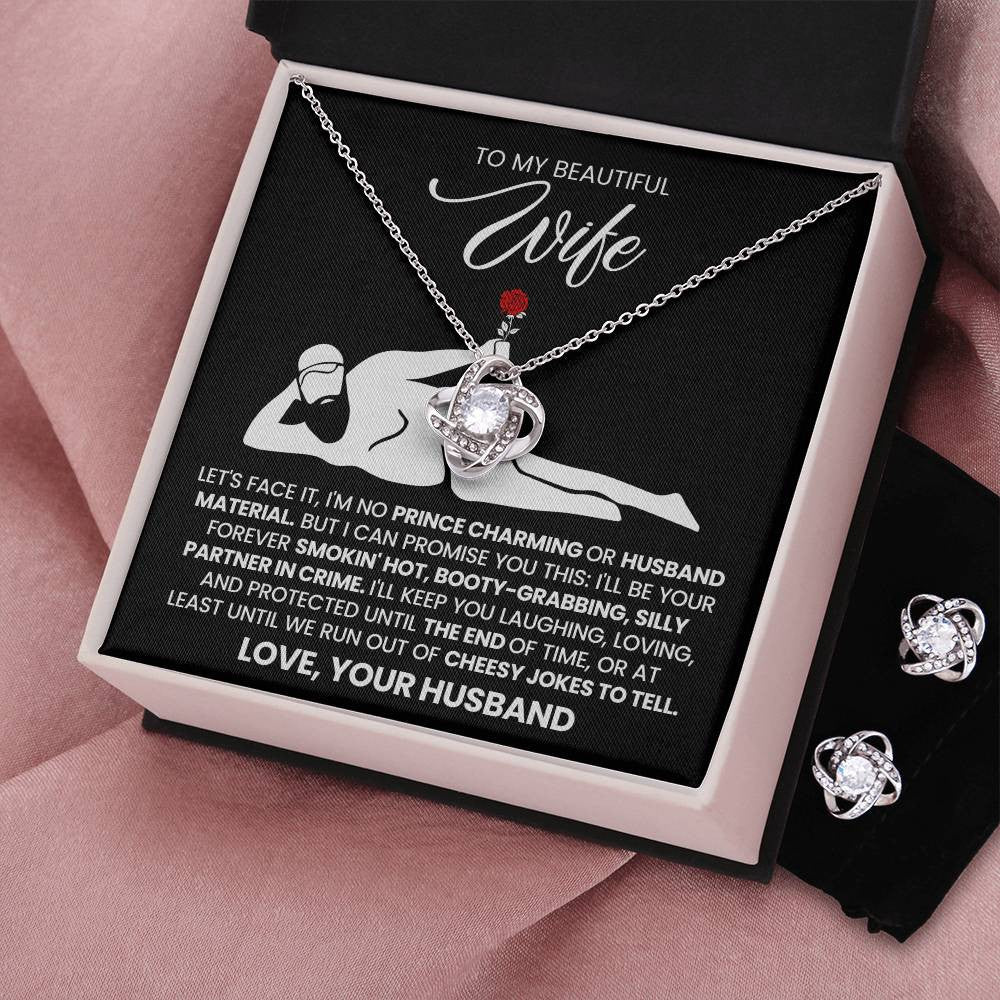 To My Beautiful Wife – Love Knot Necklace & Earring Set with Luxury Box & LED, Romantic Gift for Wife, Anniversary or Valentine’s Day Jewelry Set, I Love You Forever Jewelry
