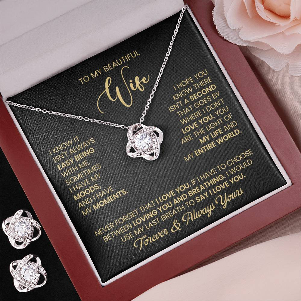 To My Beautiful Wife – Love Knot Necklace & Earring Set with Luxury Box & LED, Romantic Gift for Wife, Anniversary or Valentine’s Day Jewelry Set, I Love You Forever Jewelry