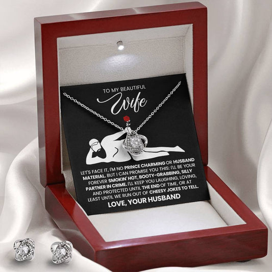 To My Beautiful Wife – Love Knot Necklace & Earring Set with Luxury Box & LED, Romantic Gift for Wife, Anniversary or Valentine’s Day Jewelry Set, I Love You Forever Jewelry