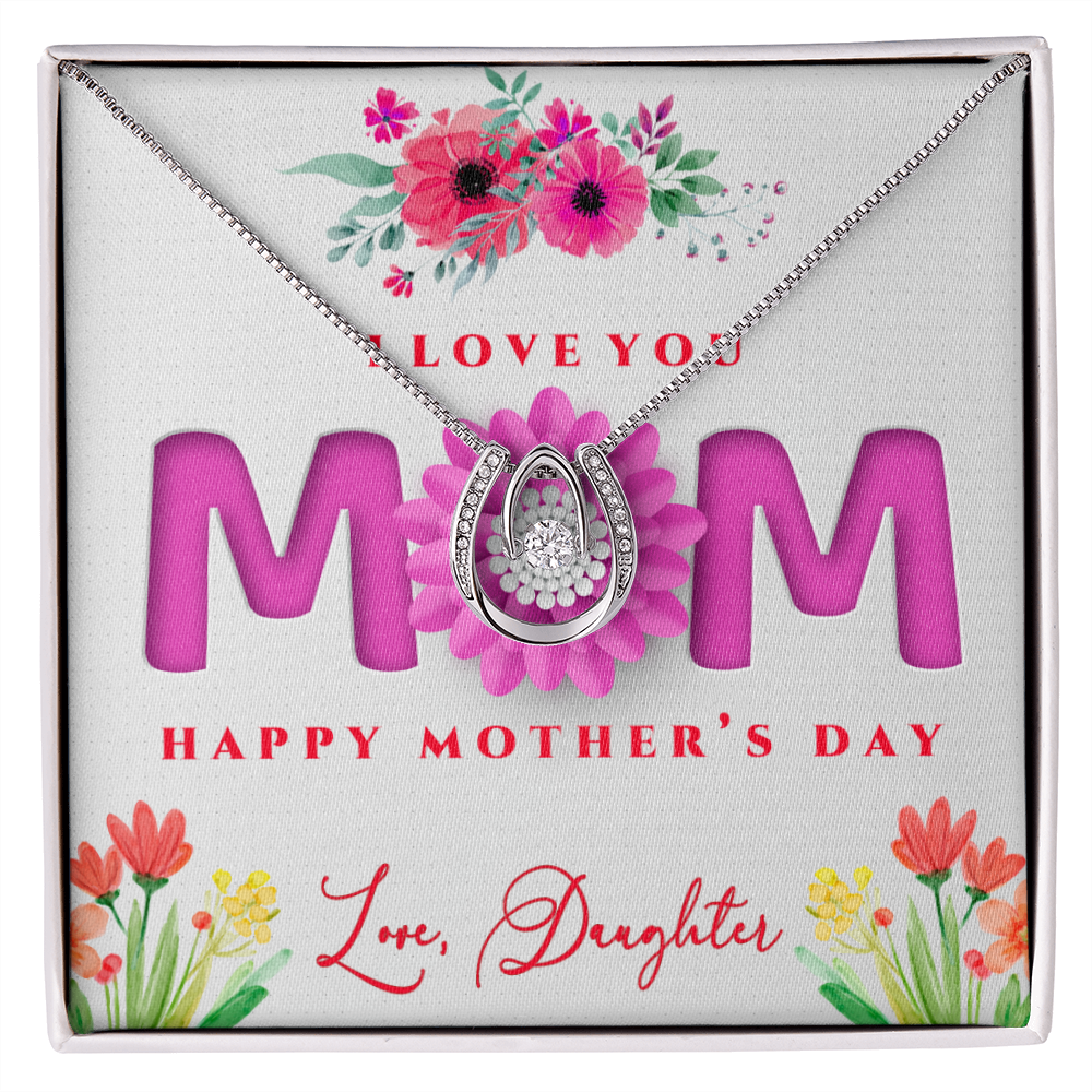 Mother's Day, Gift, Lucky In Love Necklace, Jewelry, To Mom, From Daughter, Mom, Daughter, Cubic Zirconia Crystal, White gold over stainless steel, Adjustable Box Chain, 16in-18in, Lobster clasp attachment