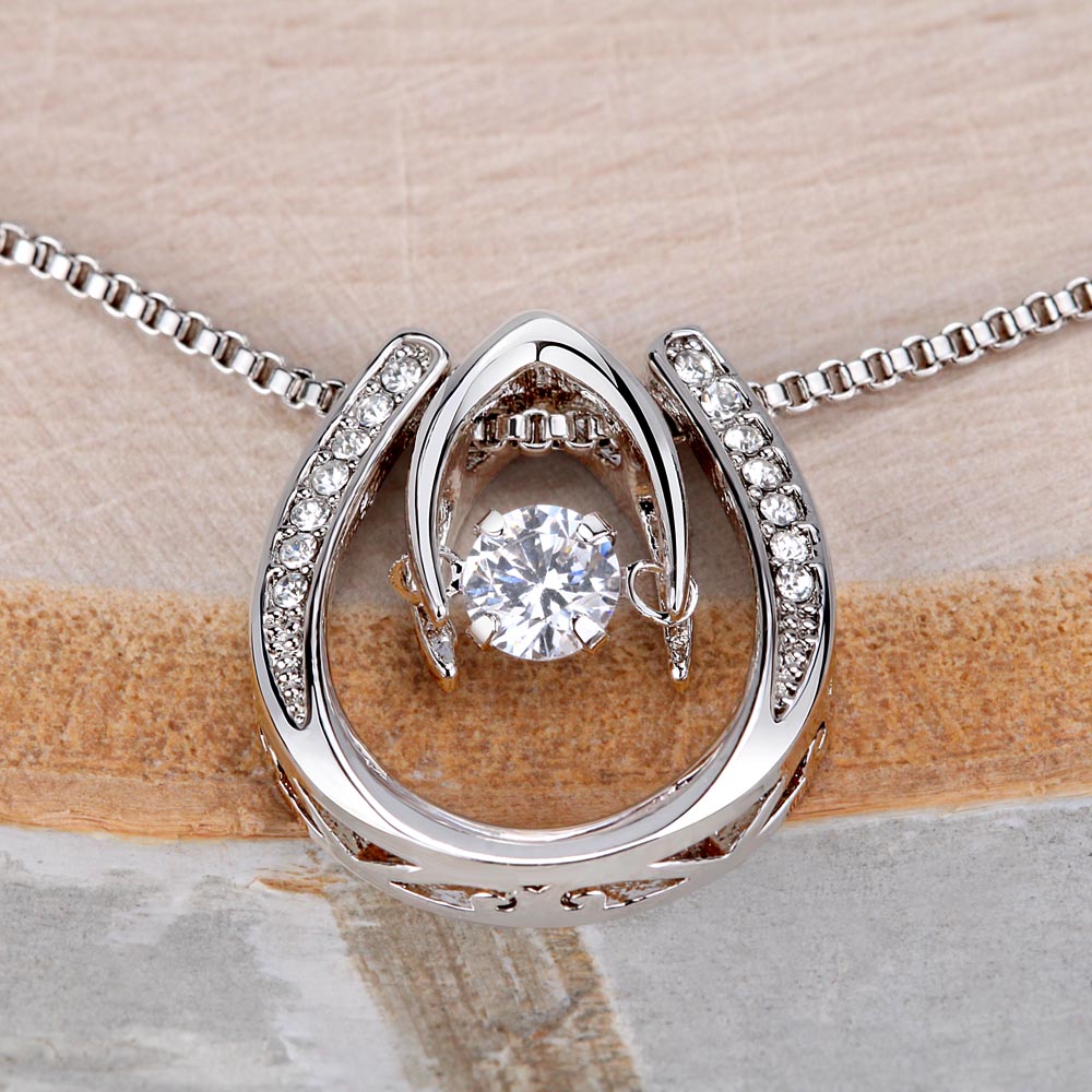 Mother's Day, Gift, Lucky In Love Necklace, Jewelry, To Mom, From Daughter, Mom, Daughter, Cubic Zirconia Crystal, White gold over stainless steel, Adjustable Box Chain, 16in-18in, Lobster clasp attachment