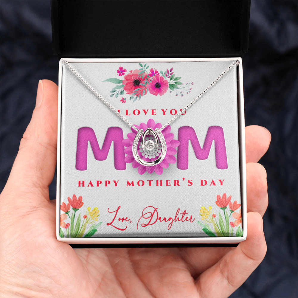 Mother's Day, Gift, Lucky In Love Necklace, Jewelry, To Mom, From Daughter, Mom, Daughter, Cubic Zirconia Crystal, White gold over stainless steel, Adjustable Box Chain, 16in-18in, Lobster clasp attachment